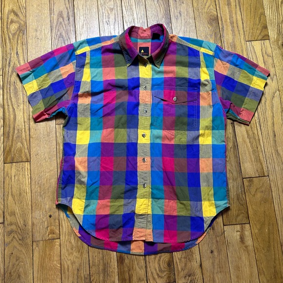 Lizsport Tops - Vintage Lizsport Rainbow Check Plaid Button Down Shirt Short Sleeve Cotton M